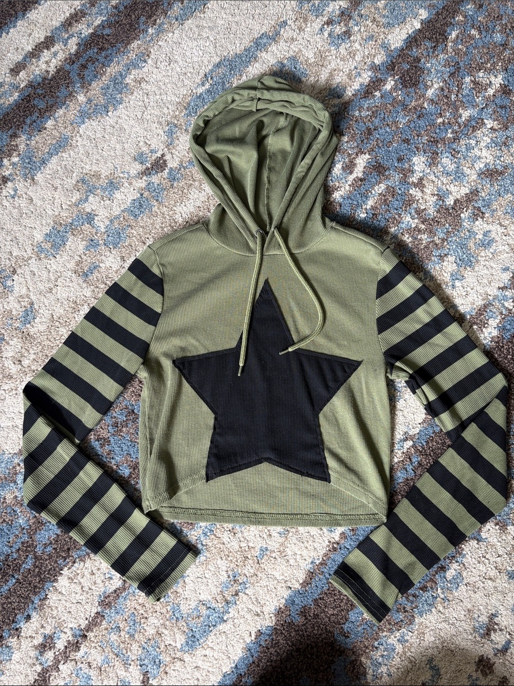 Olive Green Star Cropped Hooded long sleeve shirt with Black Stripe Sleeves